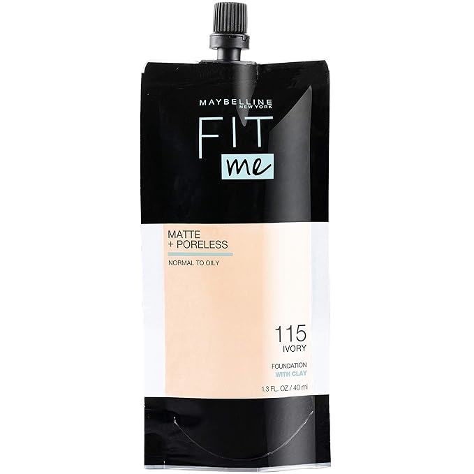 Maybelline New York Fit Me Matte + Poreless Liquid Foundation, Pouch Format, 115 Ivory, 1.3 Ounce