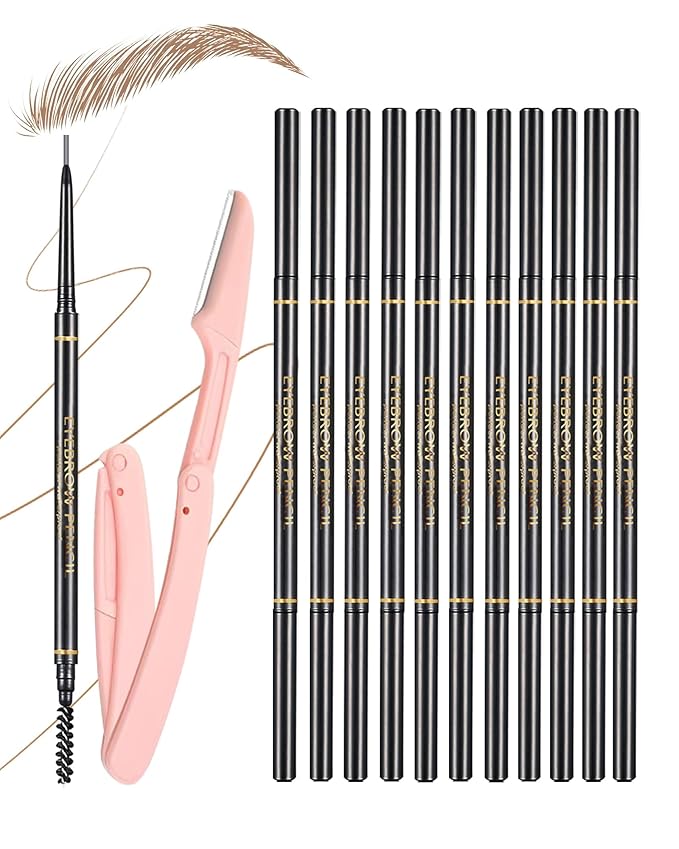 Light Brown Eyebrow Pencils for Women, 12Pcs Ultra Slim Eyebrow Pencil with 2 Brow Razors Kit, Double Head 1.5mm Micro-Fine Tip & Spiral Brush, Can Draw Fine and Long-Lasting Brows Makeup