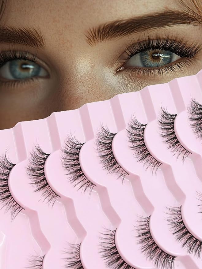 Eyelashes Natural Cat Eye Lashes 13mm Wispy Lashes False Eye Lashes with Thin Cotton Band C Curl Fake Eyelashes 3D Volume Lash Pack 7 Pair Siligli