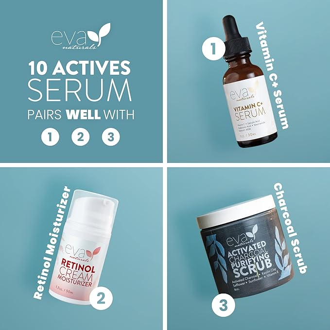 Eva Naturals 10 Actives Serum – Vitamin C, Niacinamide, Hyaluronic Acid, Turmeric, CoQ10 – Natural Anti Aging Face Serum for Dark Spots, Wrinkles, Acne, Skin Care & Facial Spot Remover