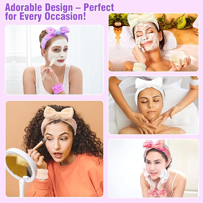 Spa Headbands for Women with Wristband Set: Facial Makeup Headbands for Girls & Teens - Soft Coral Fleece Elastic Hair Wraps with Wrist Accessories for Washing Face Shower Bath Beauty Skincare Gifts