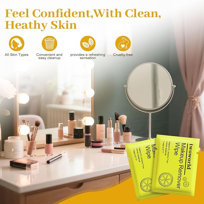 Makeup Remover Wipes Bulk Individually Wrapped,Travel Makeup Wipes Gentle for Face Cleansing Mascara Lipstick Travel Hotel（lemon,pack of 40)