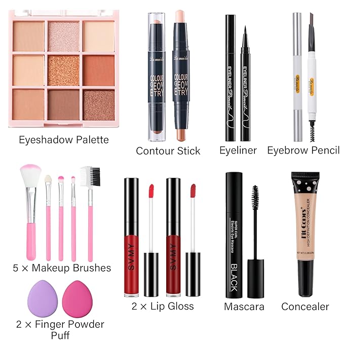 Makeup Set for Women, Basic Makeup Kit for Beginners & Professionals, Mini Makeup Set for Teens & Adults, Travel Make up Set for Girls, 9 Colors Eyeshadow Palette, Lip Gloss, Face & Eye Make up
