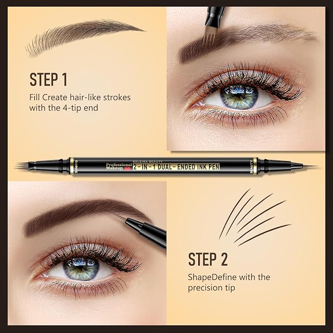 Eyebrow Pen, Soleira Waterproof Eyebrow Pencil with 4 Tip Microblading Eyebrow Pen and Dual-ended Eyebrow Brush, for Natural-Looking Brows, Long-Lasting, V2 Dark Brown