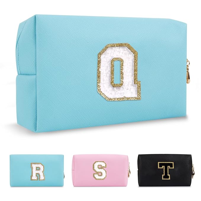 Small Personalized Initial A-Z Preppy Patch Makeup Bag,PU Chenille Letter Travel Cosmetic Pouch with Zipper,Blue Cute Toiletry Bag,Gift Ideal for Teen Girls Women Teacher Bridesmaid,Letter Q