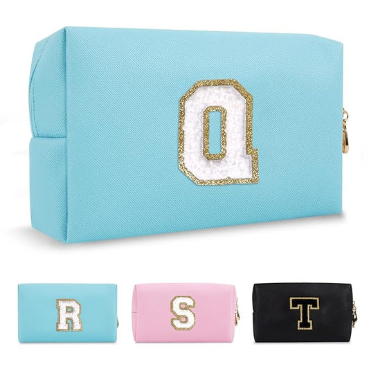 Small Personalized Initial A-Z Preppy Patch Makeup Bag,PU Chenille Letter Travel Cosmetic Pouch with Zipper,Blue Cute Toiletry Bag,Gift Ideal for Teen Girls Women Teacher Bridesmaid,Letter Q