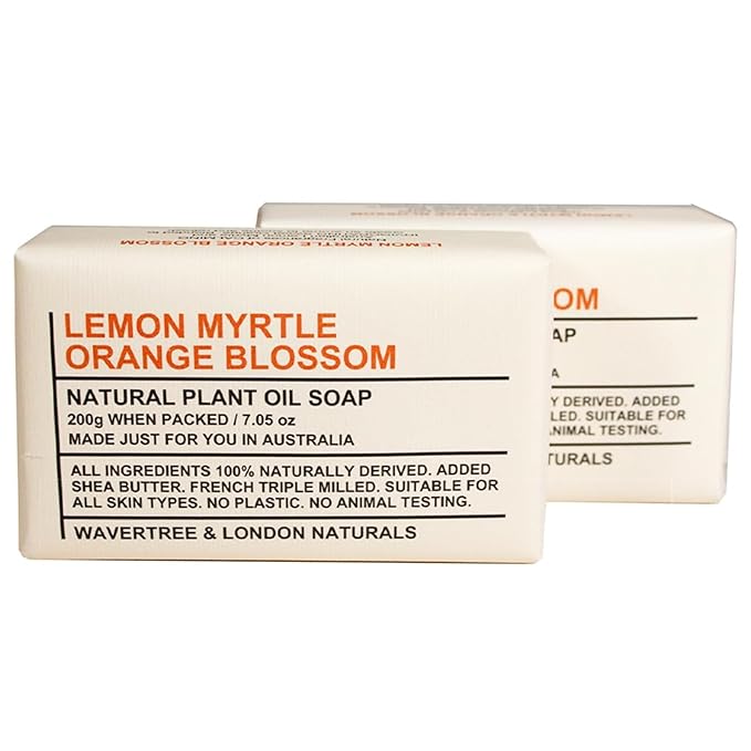 Wavertree & London Lemon Myrtle & Orange Blossom Scented Natural Soap Bars (2 Bars), 7oz Moisturizing French Triple Milled Soap enriched with shea butter - Bath & Body Bars [100% Naturally derived]