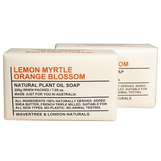 Wavertree & London Lemon Myrtle & Orange Blossom Scented Natural Soap Bars (2 Bars), 7oz Moisturizing French Triple Milled Soap enriched with shea butter - Bath & Body Bars [100% Naturally derived]