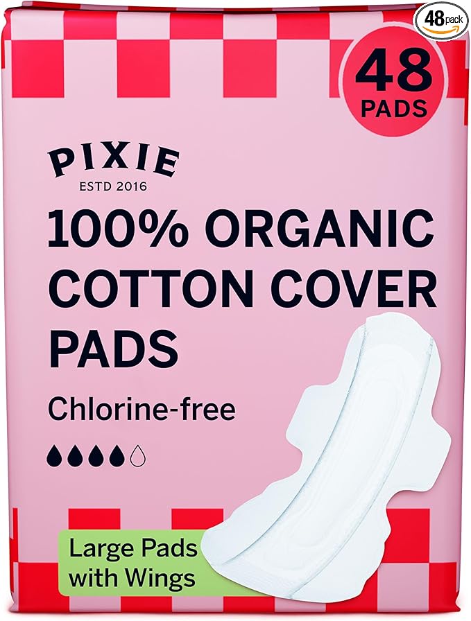 Pixie Organic Cotton Large Pads for Women - Extra Heavy Absorbency with Wings - Leak-Proof, Hypoallergenic & Unscented - Compostable, Biodegradable - 48 Count