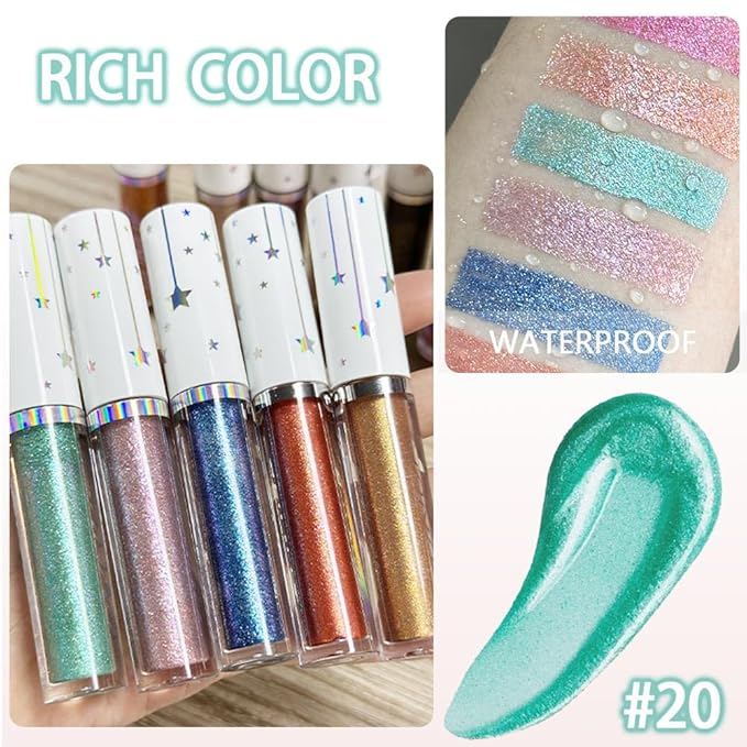 evpct Liquid Shimmery Glitter Teal Eyeshadow Eyeliner, High Pigment Colored Metallic Eyeshadow Stick Eyeliner, Waterproof Long Lasting Sparkle Eye Makeup Set for Women, 20#