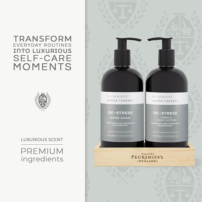Pecksniff's Aroma:Therapy De-Stress Duo Caddy, 500 ml/16.9 fl oz Hand Wash and 500 ml/16.9 fl oz Hand & Body Lotion