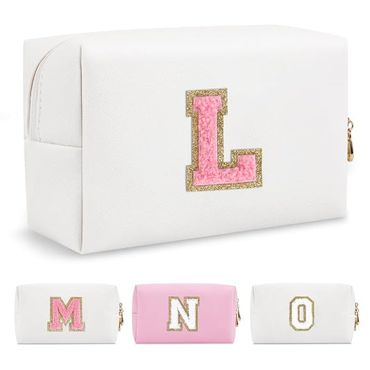 Personalized Makeup Bag Initial A-Z Preppy Patch Bag,Small PU Leather Travel Cosmetic Bag Pouch with Zipper,White Cute Toiletry Bag,Gift Ideal for Teen Girls Women Birthday Friend Mom,Letter L