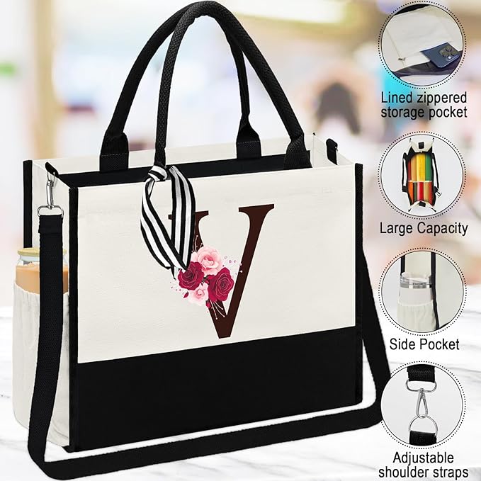 Birthday Gifts for Women,Initial Canvas Tote Bag,Monogrammed Gift for Women,16oz Initial Glass Cup,Makeup Bag with Zipper,Jewelry Organizer Box,Personalized Gifts for Mom-V