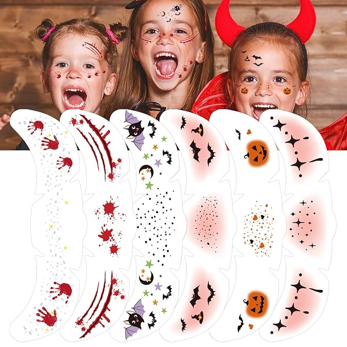 6Pcs Face Makeup Patches, Glitter Freckles Face Tattoo for Teenagers & Young Women, Sparkle Freckles Makeup Patches, Waterproof Face Glitter Freckles for Christmas (6PcsC Halloween)