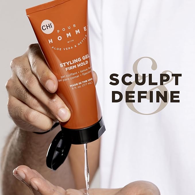 CHI Pour Homme Styling Gel for Men, Firm Hold Hair Gel for Maximum Shine & Defined Styles, Made With Aloe Vera & Nettle, Fresh, Woody Scent, 3 oz