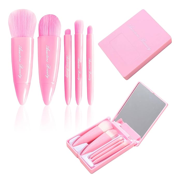 Travel Makeup Brushes Set, Easy Taken 5pcs Mini Makeup Brushes Kit with mirror, ON-THE-GO, Makeup Set for Beauty Blender, Get Glam On-the-Go! Pink