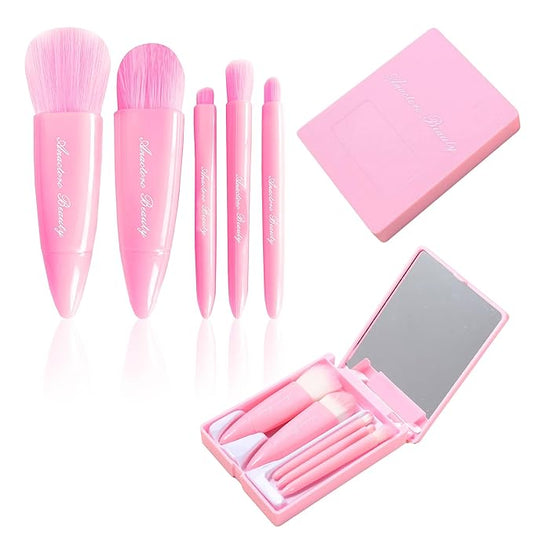 Travel Makeup Brushes Set, Easy Taken 5pcs Mini Makeup Brushes Kit with mirror, ON-THE-GO, Makeup Set for Beauty Blender, Get Glam On-the-Go! Pink