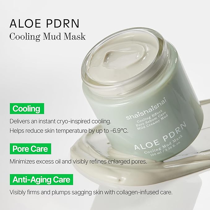 ALOE PDRN Cooling Mud Face Mask, Vegan Collagen Cream Clay Mask with Kaolin & Bentonite, Hydrating & Pore Care, Instant Cooling, Korean Skincare, 3.38 Fl Oz