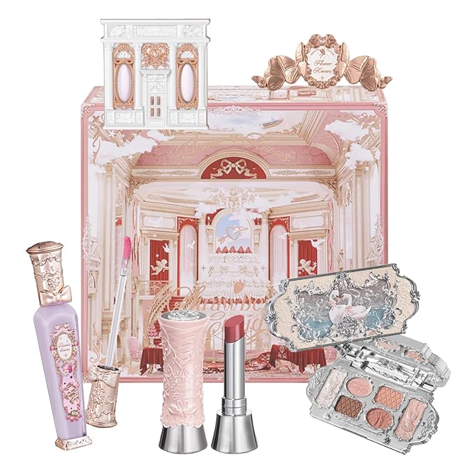 Flower Knows Swan Lake Treasure Makeup Box Set,6 Pack Makeup Box,Lip Gloss×1+Shine Lipstick×1+Eyeshadow×1+Hair Clip×1+Gift Box×1