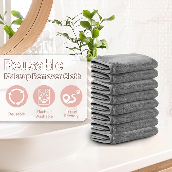 Nugilla Reusable Face Wash Cloths, 8 Pack Soft Microfiber Makeup Remover Towels for Women (Cool Grey)