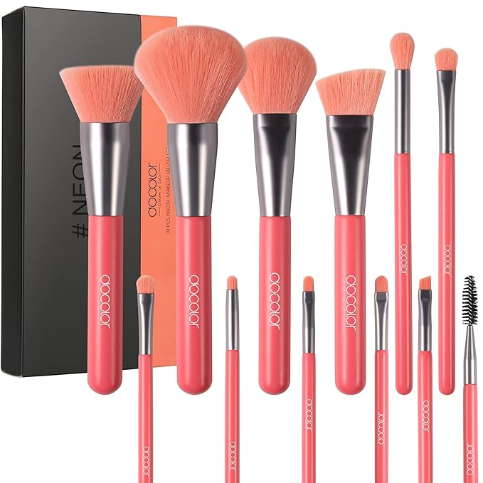 Docolor Makeup Brushes 10Pcs Makeup Brush Set Premium Synthetic Powder Foundation Contour Blush Concealer Eye Shadow Blending Liner Make Up Brush Kit - Neon Peach