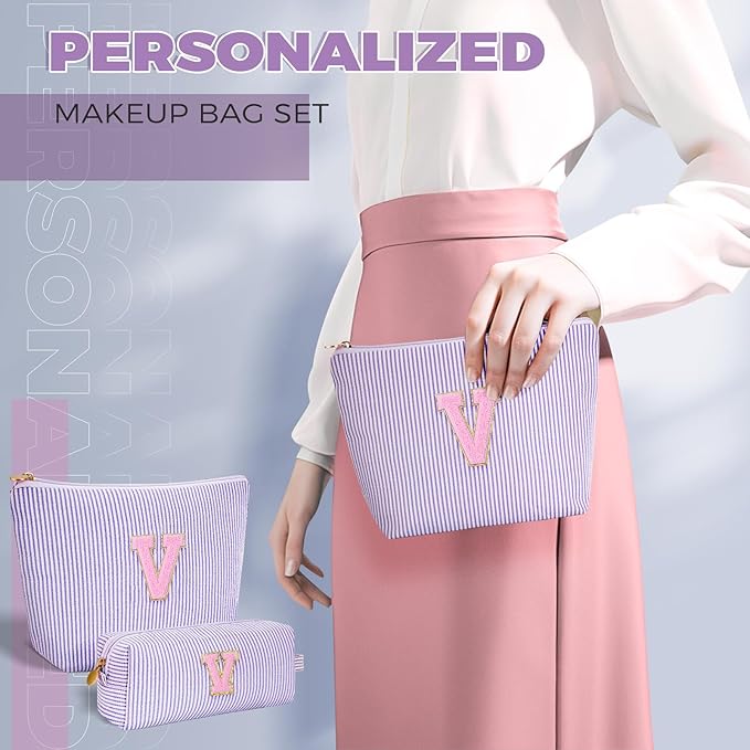 Personalized Makeup Bag for Women Girls - Fashion Cosmetic Bag Trendy Travel Toiletry Bag with Initials Letter - Teen Gifts - Lavender,V
