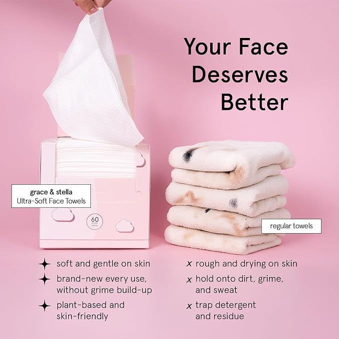 grace & stella Disposable Face Towels - Ultra-Soft & Absorbent Face Wipes - XL Facial Towels for Cleansing & Makeup Removal - Thick Towelettes - Lint-Free Facial Tissue - Vegan, Plant-Based (60 Count)
