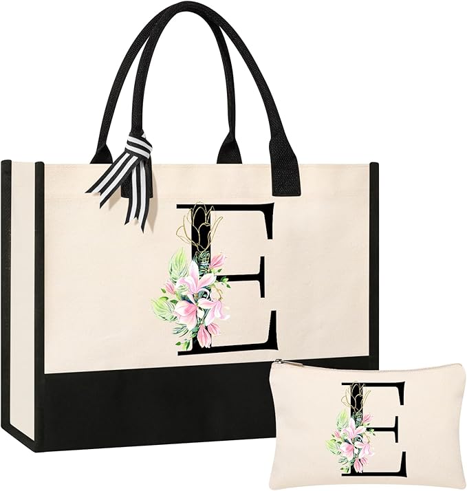 AYGE Personalized Initial Canvas Beach Tote, Monogrammed Gifts for Women, Makeup Bag, Birthday Gifts for Sister, Mom, Teacher, Bridesmaid