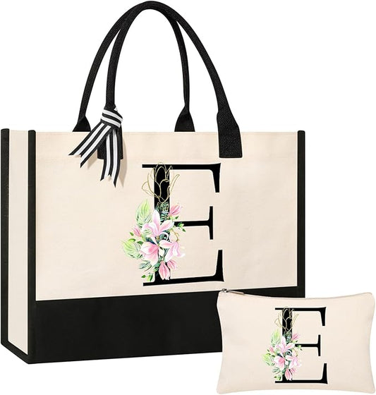 AYGE Personalized Initial Canvas Beach Tote, Monogrammed Gifts for Women, Makeup Bag, Birthday Gifts for Sister, Mom, Teacher, Bridesmaid