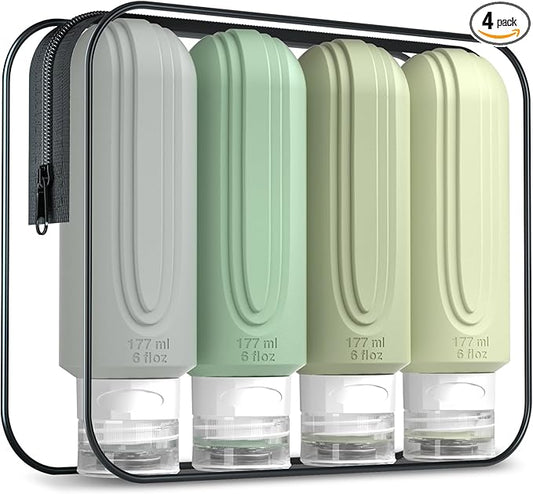 Travel Bottles for Toiletries, Large 6oz Oversize Containers, BPA Free Leak Proof Tubs Refillable Liquid Traveler Accessories with Toiletry Bag for Cometic Shampoo and Lotion Soap (4 Pack)