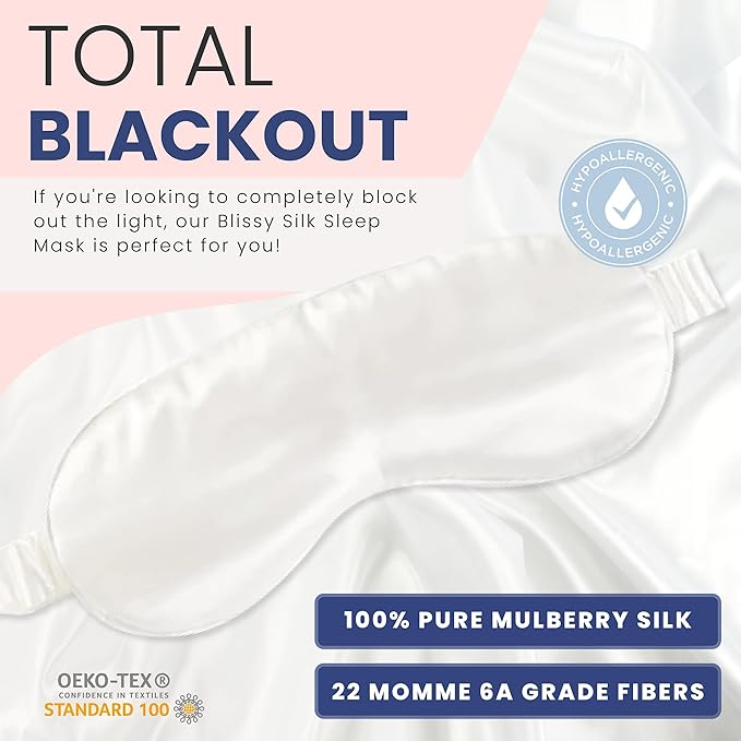 Blissy Silk Sleep Mask - Silk Eye Sleeping Mask for Women & Men for Total Blackout - 100% Pure Mulberry Silk, 22 Momme 6a Fibers - Blindfold Silk Sleep Mask Side Sleeper Eye Cover (White)