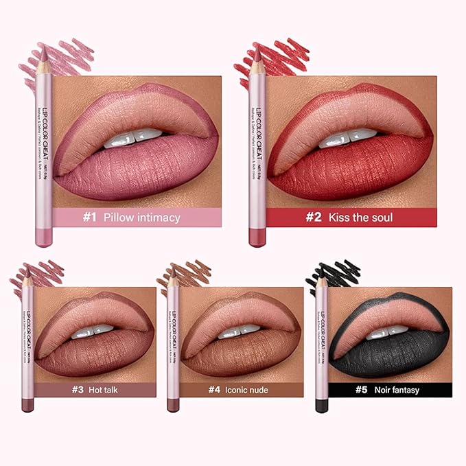 Erinde Matte Lip Liner Set - 5 Colors Mini Nude Brown Black Lipliner Pencil Makeup, Waterproof, Long-Lasting Cream Glide Lip Liners Pencil for Shaping & Sculpting Lips, Vegan & Cruelty-Free