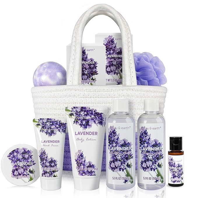 Spa Gift Baskets for Women - Body & Earth 11pcs Lavender Gift Sets with Bubble Bath, Shower Gel, Body Lotion, Birthday Gifts for Women, Spa Kit for Mom Gifts, Purple Gifts