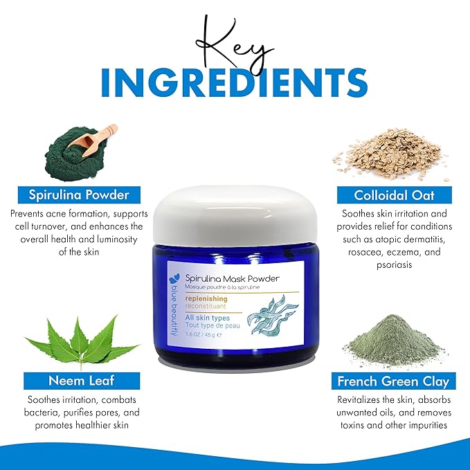 Blue Beautifly Spirulina Clay Mask for Face - Firming Face Mask Detoxifies Pores and Restores Skin’s Natural Vitality - 100% Organic Plant Powders, Colloidal Oatmeal, and French Rose Clay - 1.6 oz