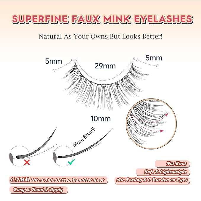 Natural Lashes Eyelashes Wispy 10MM Short Lashes Thin Band Strip Lashes 3D Volume Lashes False Eyelashes C Curl Soft Lash Pack 7 Pair Siligli