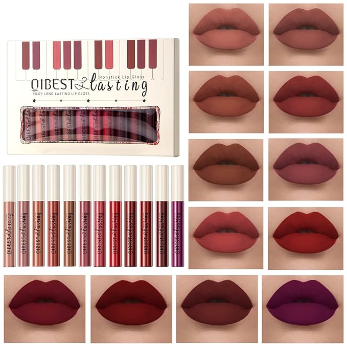 12Pcs Matte Liquid Lipstick Set for Girls & Women, 24 Hours Long Lasting Waterproof Nude & Dark Red Lip Gloss Makeup Kits, Velvet Non-Stick Cup Mate Duracion 24 Horas Originales Lip Stains (Set 03, 1)