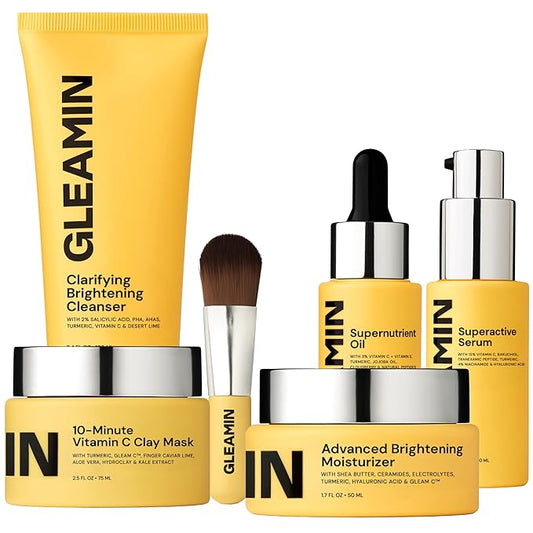Gleamin Brightening Skincare Bundle – Mask, Serum, Cleanser, Moisturizer & Oil for Dark Spots, Uneven Tone, and Glowing Skin – Complete Vitamin C Skincare Routine