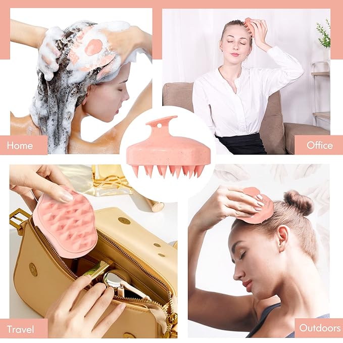 URTHEONE Scalp Massager Shampoo Brush, Hair Scalp Scrubber Head Massager with Soft Silicone Bristles for Women Men Kids Pets Shower and Hair Growth(Pink) Includes 5 Pcs Hair Ties