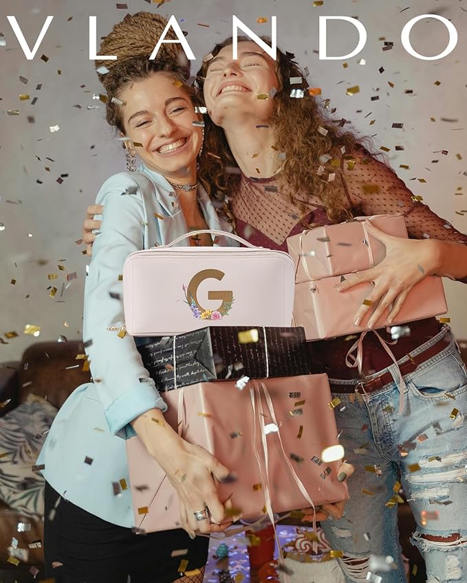 Vlando Bridesmaid Gift,Initial Makeup Bags for Women,Cosmetic Storage Bag with Zipper for Travel Essentials Birthday Wedding for Wife(Letter G)