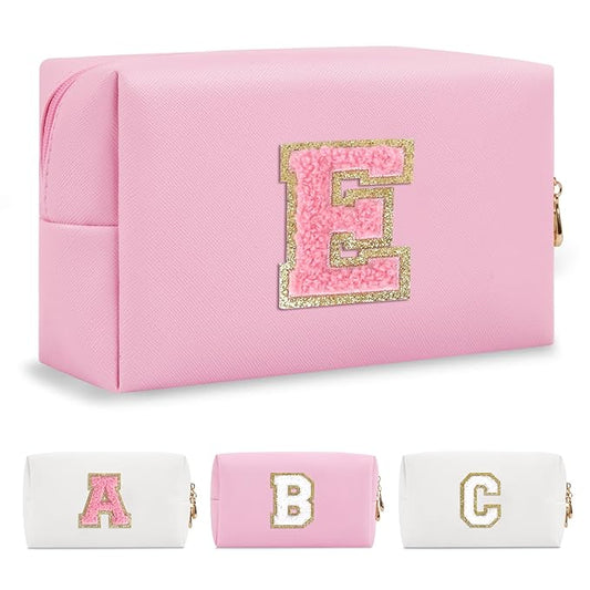 Personalized Initial A-Z Preppy Patch Makeup Bag,Small PU Leather Chenille Letter Cosmetic Bag with Zipper for Teen Girls,Pink Cute Travel Toiletry Bag,Birthday Monogrammed Gift for Daughter,Letter E