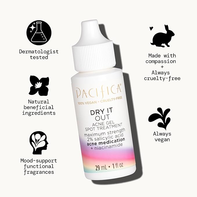 Pacifica Acne Spot Treatment & Pimple Cream – Dry It Out Gel with 2% Salicylic Acid, Witch Hazel, Niacinamide – Dries Blemishes Overnight, Fights Breakouts & Redness, For Teens & Adults, Vegan Clean