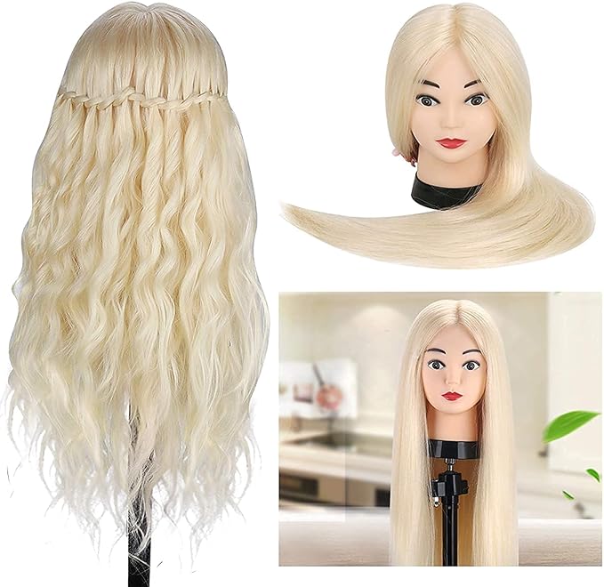 Beauty Star Mannequin Head with 80% Real Human Hair, Doll Head for Hair Styling, Cosmetology Training Manikin Practice Head with Clamp Stand and Braiding Kit (Suitable for Straightening, Curling)