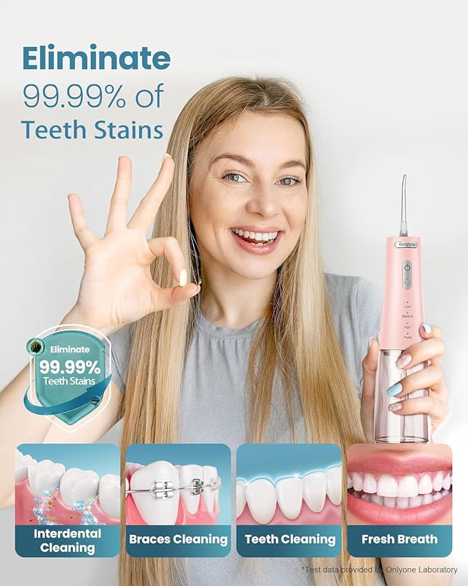 Onlyone Water Dental Flosser Pick for Teeth, 300ML Portable Oral Irrigator, Rechargeable Travel Irrigation Cleaner, Professional Electric Flossing Machine Birthday Gifts for Women,Mom,Girlfriend Pink