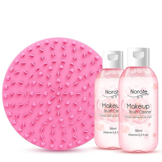 Norate Makeup Brush Cleaner, Make Up Brush Cleaner Cleanser Solution + Brush Cleaning Mat, Makeup Cleaner for Brushes, Sponge, Deep Clean Shampoo, Gentle Formula Cruelty Free 3 Piece Set