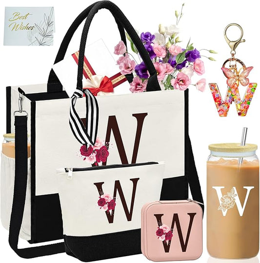 Birthday Gifts for Women,Initial Canvas Tote Bag,Initial Gift for Women,16oz Initial Glass Cup,Initial Makeup Bag with Zipper,Jewelry Organizer Box,Personalized Gifts for Mom-W