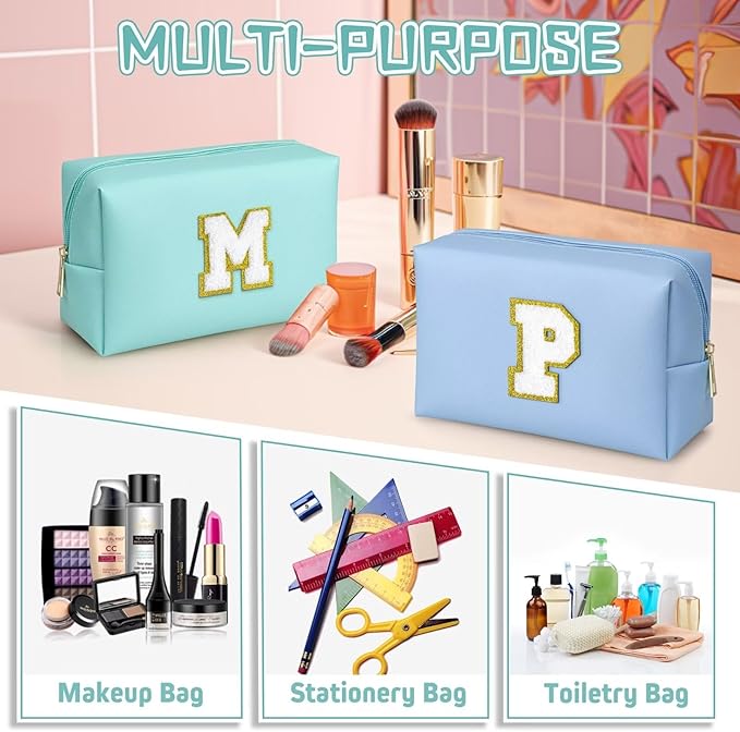 TOPEAST Personalized Makeup Bag, Chenille Letter Pouch Cosmetic Bag w Zipper, PU Leather Waterproof Toiletry Bag, Bridal Shower Gifts for Bridesmaids, Cute Stuff for Girls (Blue P)
