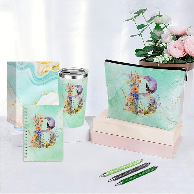 Personalized Gifts Monogrammed Birthday Gifts for Women, Cowerker Mom Mothers Day Christmas Initial 20 oz Tumbler, Makeup Bag Cup Ballpoint Pens Journal Notebook 6 Set, (Aesthetic Green Flower B)