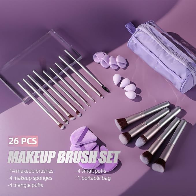 Oneleaf 26 Pcs Makeup Brushes Set – Premium Facial Cleaning & Makeup Brush Set with Foundation, Concealer, Blush, Eyeshadow Brushes plus Sponge and Wash Bag