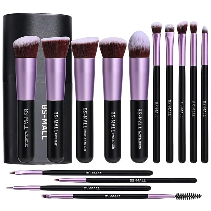 BS-MALL Makeup Brushes Premium Synthetic Foundation Powder Concealers Eye Shadows 14 Pcs Purple for Makeup Beginner or Professional with Travel Case