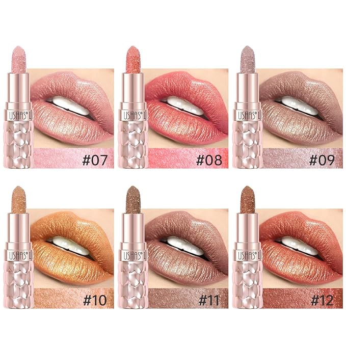 USHAS 6pc Diamond Shimmer Lipstick Set - Dark Red Pink Purple Mauve Glitter Sparkly Glossy Metallic Sparkle Waterproof Lipstick for Women (6 Count (07-12), Pack of 1)